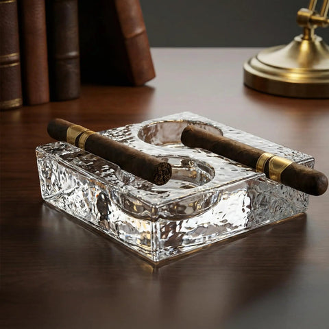 Clear Glass Cigar Ashtray Made From Premium Crystal, Heavyweight for Two Cigars, modern square design on desk