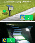 Six Pack Solar Landscape Spotlights With 48 LEDs And Three Brightness Modes For Custom Ambience Outdoor 2 In 1 Solar Spot Lights Auto On Off IP67 Waterproof Wall Lights For Front Porch Backyard Garage Deck Patio showing automatic on/off feature with solar charge in day and glowing path at night