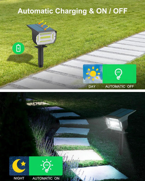 Six Pack Solar Landscape Spotlights With 48 LEDs And Three Brightness Modes For Custom Ambience Outdoor 2 In 1 Solar Spot Lights Auto On Off IP67 Waterproof Wall Lights For Front Porch Backyard Garage Deck Patio showing automatic on/off feature with solar charge in day and glowing path at night