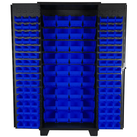 Front view of Beefy Tool Storage Cabinet With Bin Mounts DZ Includes 132 Bins 36 Inches Wide By 24 Inches Deep By 78 Inches High Heavy Welded 14 Gauge Steel Solid Doors Full Louvers for Maximum Bin Capacity Blue Bins Shop Organizer.