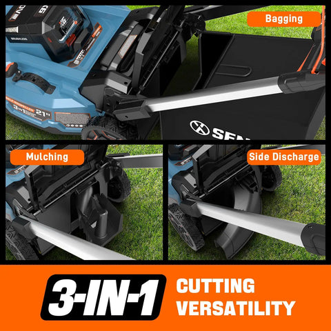 X6 60V Max 21 Inch Beast Power Self Propelled Mower With 8Ah Battery And Charger, Smart Display, 7 Level Height Adjustment, 3 In 1 Mulching Bagging And Side Discharge, Battery Shipped Separately. 3-in-1 cutting modes shown