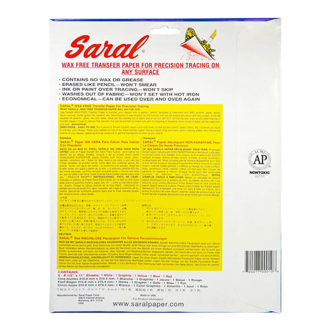 Back packaging of Saral Wax Free Transfer Paper Sampler Pack With Five Color Sheets 8 By 11 Inches Each Color Red Blue Yellow White Graphite For Arts And Crafts DIY Projects Ceramics Wood Fabric Paper And More showing instructions.