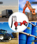 Heavy Duty 12V Fuel Transfer Pump With 10 GPM Flow, Cast Iron Rotary Vane Pump, shown with truck, excavator, farm tractor, oil drums