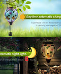 Hot Air Balloon Solar Lantern With Flickering Flame, Glass Hanging Garden Lights, butterfly pattern, daytime and night view.