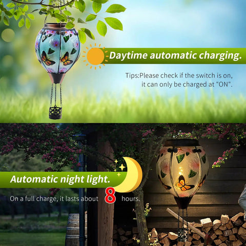 Hot Air Balloon Solar Lantern With Flickering Flame, Glass Hanging Garden Lights, butterfly pattern, daytime and night view.