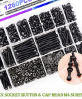 Heavy Duty M4 Screws Kit Featuring 1260 Piece Metric Bolt Assortment With Hex Socket Button And Cap Heads Plus Tough Washers Nuts And Wrenches For Heavy Use Garage And Auto Jobs in a storage box.