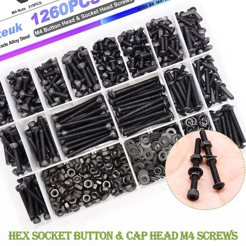 Heavy Duty M4 Screws Kit Featuring 1260 Piece Metric Bolt Assortment With Hex Socket Button And Cap Heads Plus Tough Washers Nuts And Wrenches For Heavy Use Garage And Auto Jobs in a storage box.