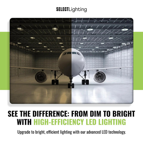 Hella Bright High Bay LED Shop Light comparison showing dim and bright lighting in a hangar with an airplane, 200W 160W 115W selectable.