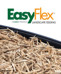 EasyFlex brand logo with No Dig Landscape Edging Kit, 100 Ft Flexible Black Border visible above mulch.