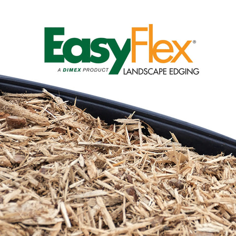 EasyFlex brand logo with No Dig Landscape Edging Kit, 100 Ft Flexible Black Border visible above mulch.