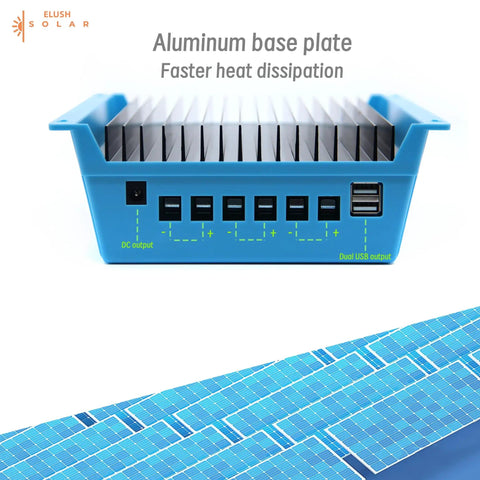 Beefed Up 100A MPPT Solar Charge Controller with LCD display showing ports and blue aluminum base for 12V to 48V systems