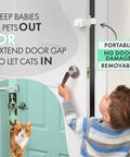Adjustable Portable Door Lock With Heavy Duty Pet And Child Safety Latch, child operating door latch with cat and dog visible.