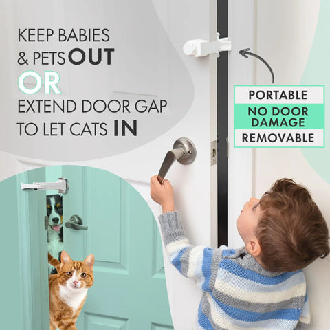 Adjustable Portable Door Lock With Heavy Duty Pet And Child Safety Latch, child operating door latch with cat and dog visible.