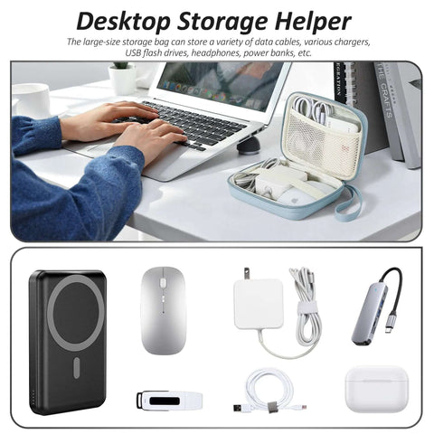 Slick Grab And Go Tech Organizers For Macbook Gear Hella Compact Cable Carrier Pouch For Chargers Adapters Power Banks And USB Drives, sitting on a desk next to laptop.