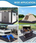 Outdoor Storage Shed Mat For Patio And Carport, Waterproof And Dustproof Non Slip Backing Keeps Liquids Out, Soft Washable Floor Cover, Black, 8 Foot By 6 Foot used under shed, tent, car, and grill showcasing versatile application
