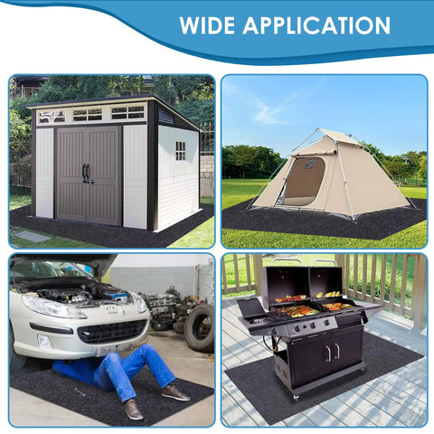 Outdoor Storage Shed Mat For Patio And Carport, Waterproof And Dustproof Non Slip Backing Keeps Liquids Out, Soft Washable Floor Cover, Black, 8 Foot By 6 Foot used under shed, tent, car, and grill showcasing versatile application