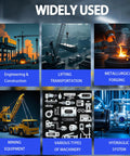 Industrial collage of six panels: eng. & construction, lifting transport, forging, mining equipment.