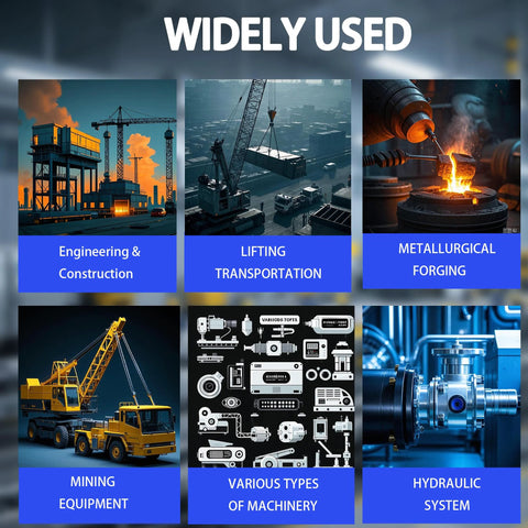 Industrial collage of six panels: eng. & construction, lifting transport, forging, mining equipment.