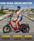 Beast Of A Ride Folding Three Wheel Electric Trike For Adults With Peak 1400W 90 Mile Range 20Ah 48V Battery UL2849 Certified Step Through Frame Differential Parking Brake Red Easy Fold, rider on boardwalk