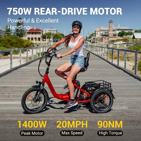 Beast Of A Ride Folding Three Wheel Electric Trike For Adults With Peak 1400W 90 Mile Range 20Ah 48V Battery UL2849 Certified Step Through Frame Differential Parking Brake Red Easy Fold, rider on boardwalk