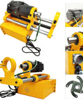 Front view of portable line boring machine with yellow frame, black motor, and chrome guide bars.