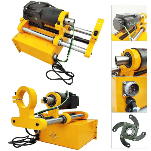 Front view of portable line boring machine with yellow frame, black motor, and chrome guide bars.