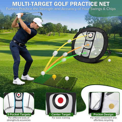 Golfer using Golf Chipping Net With Tri Turf Hitting Mat Set Foldable Practice Target 12 Foam Balls 6 Tees Carry Bag Indoor Outdoor Backyard Precision Training For Beginners Gift