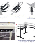 Vwine Vj301 L Shaped Electric Height Adjustable Standing Corner Desk Frame With Triple Motor Steel Base And Digital Memory Keypad showing adjustment features.
