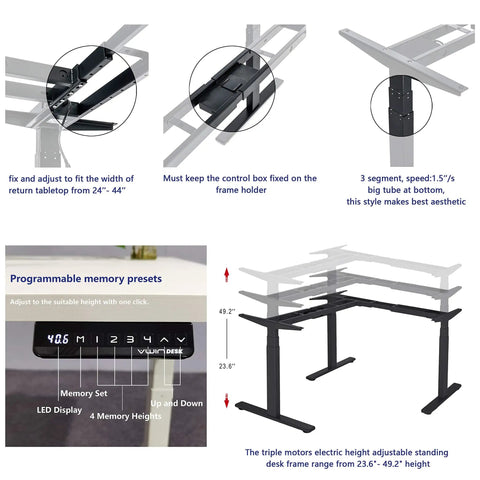 Vwine Vj301 L Shaped Electric Height Adjustable Standing Corner Desk Frame With Triple Motor Steel Base And Digital Memory Keypad showing adjustment features.