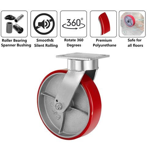 Rock Solid 8X2 Inch Swivel Casters Kingpinless Polyurethane Wheels with steel plate for 2500 lb loads on platform trucks.