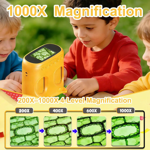 2 In 1 Pocket Microscope And Binoculars For Kids 1000X Digital Microscope With 2 Inch IPS Screen USB Rechargeable STEM Toy, shown with children