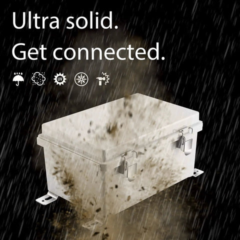IP67 Waterproof Junction Box Enclosure with Hinged Grey Cover in rain showing weatherproof design with mounting plate and wall bracket