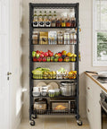 Ultra Sturdy 7 Tier Wire Shelving Unit With Basket Shelf And Wheels For Pantry Kitchen Or Office Storage Adjustable Shelves Waterproof And Rust Proof Metal Four Side Hooks For Ladles Towels And More 72 Inch Tall in kitchen with pantry items