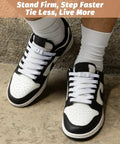 Elastic No Tie Sneaker Laces White 120 Cm Set Includes 2 Pairs Of Flat Stretch Laces And 4 Reusable Metal Buckles For Grab And Go Slip On Comfort Durable Fit. White no-tie elastic laces on black-and-white sneakers
