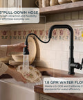 FORIOUS Vintage Kitchen Sink Faucet with Pull Down Sprayer, Matte Black with 13" pull-down hose in use rinsing a dish.