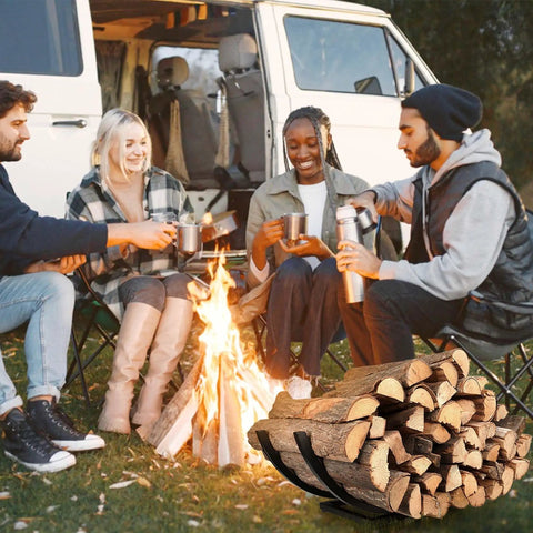 Group sitting by campfire with Curved Firewood Rack And Holder For Indoor And Outdoor Use 22 Inch Built Tough Heavy Duty
