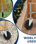 2 Pack Rock Solid Spring Loaded Gate Wheels Featuring 360 Degree Swivel Roll And No Sweat Height Adjustments For Smooth Outdoor Wooden Sliding Fence Tracks on various surfaces.