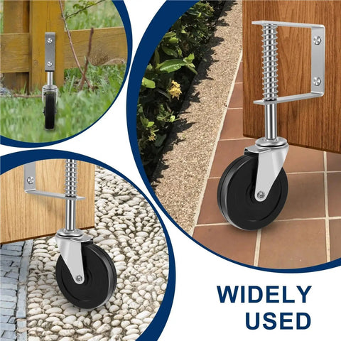 2 Pack Rock Solid Spring Loaded Gate Wheels Featuring 360 Degree Swivel Roll And No Sweat Height Adjustments For Smooth Outdoor Wooden Sliding Fence Tracks on various surfaces.