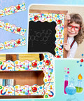 Colorful Science Bulletin Board Borders Set 72 Feet Scalloped Chemistry Lab Trim with child in classroom