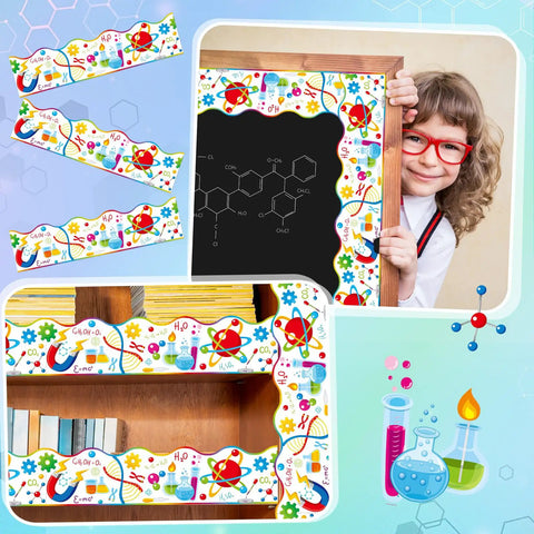 Colorful Science Bulletin Board Borders Set 72 Feet Scalloped Chemistry Lab Trim with child in classroom