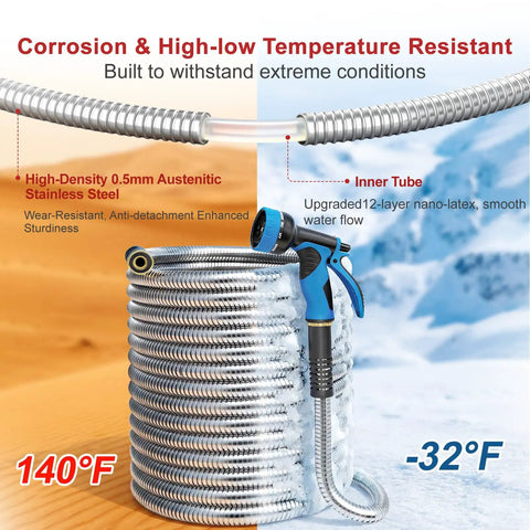 100 Ft Stainless Steel Garden Hose No Kinks And Leak Proof Flexible Water Hose With Upgraded Handle 10 Function Spray Nozzle and coil