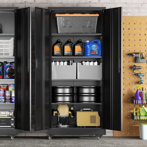 Open 73 Inch Rolling Storage Cabinet With Locking Doors And Four Adjustable Shelves filled with tools and supplies