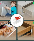 Eight Pack Ultra Thin Magnetic Cabinet Door Catch With Adhesive Mount No Drill Installation shown on cabinets and drawers