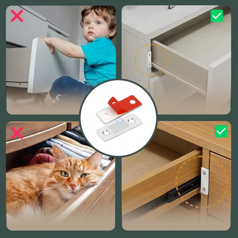 Eight Pack Ultra Thin Magnetic Cabinet Door Catch With Adhesive Mount No Drill Installation shown on cabinets and drawers
