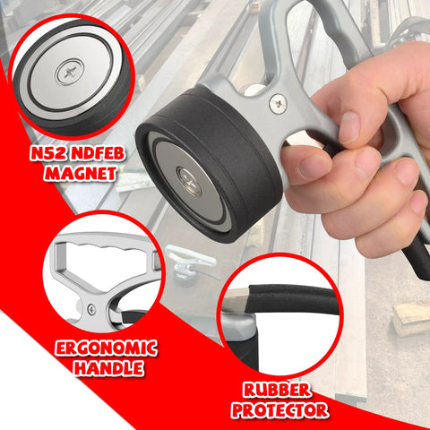 Close-up of 2 Pack Heavy Duty Magnetic Pickup Tool with Quick Release Lift Magnet, showing ergonomic handle and N52 NdFeB magnet.