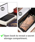 Blue Math Classroom Book Safe Featuring Authentic School Pages And Reliable Three Digit Combination Lock For Stealth Stash Storage And Slick Student Loot Vault showing secret compartment with phone and jewelry.
