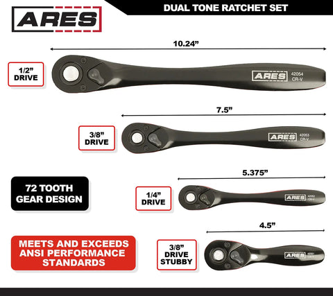 Dual Tone 72 Tooth Ratchet Set With Easy Quick Release Sockets, 4 Piece Including 1/4, 3/8, 1/2 Inch Drives And Stubby 3/8, Reversible Design, Chrome Vanadium Steel, Sleek Black And Red Finish For Pro DIY