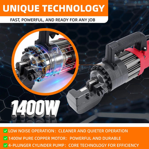 NAYAMOL 1400W Hydraulic Rebar Cutter showing pure copper motor and cutting mechanism for fast 2-3s cutting speed.