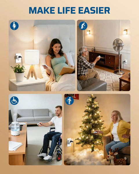 Various people using Remote Control Outlet With Wall Mount Switch And Detachable Magnetic Remote Two Independent Sockets