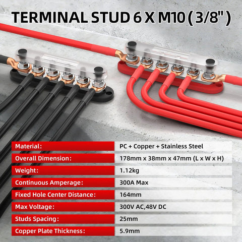 Badass Heavy Duty 300A 12V Bus Bar Power Distribution Block For Marine Boat Solar RV featuring six sturdy studs with copper connections.